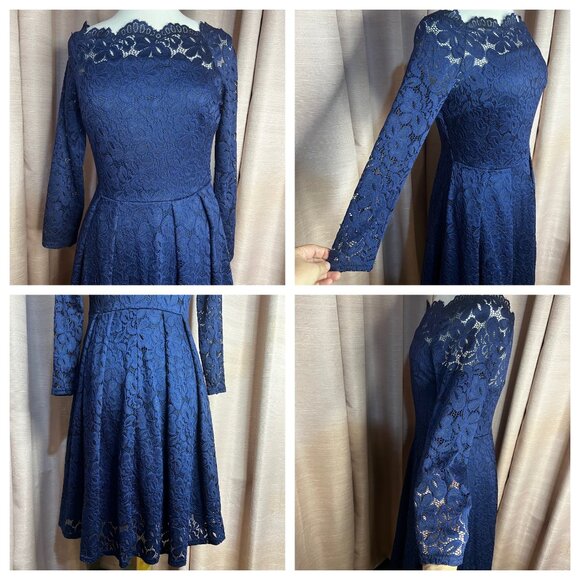 Missmay Navy Blue Lace Long Sleeve Cocktail Dress L Women Elegant Fit Homecoming - Picture 11 of 16
